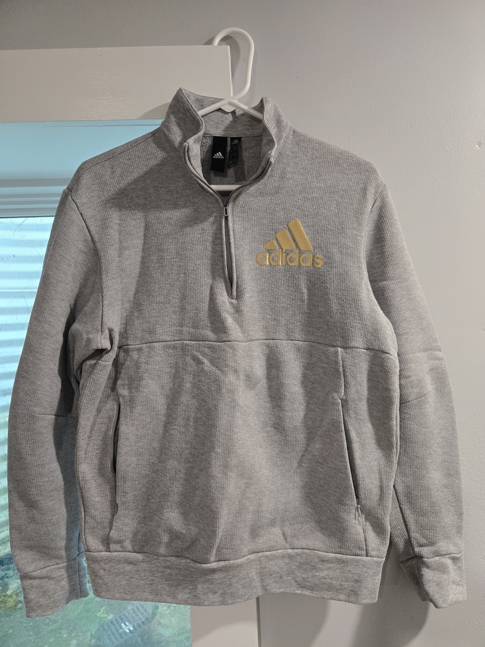 adidas Women’s Light Gray Quarter-Zip Sweater with Gold Logo